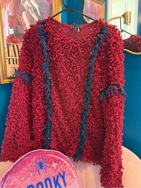 Free the Roses Red Crewneck Sweater with Navy Fringe